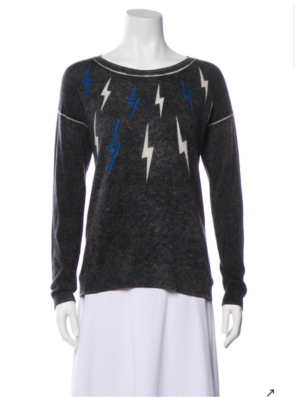 Autumn Cashmere Charcoal Crewneck Sweater with Blue & White Lightning Bolts